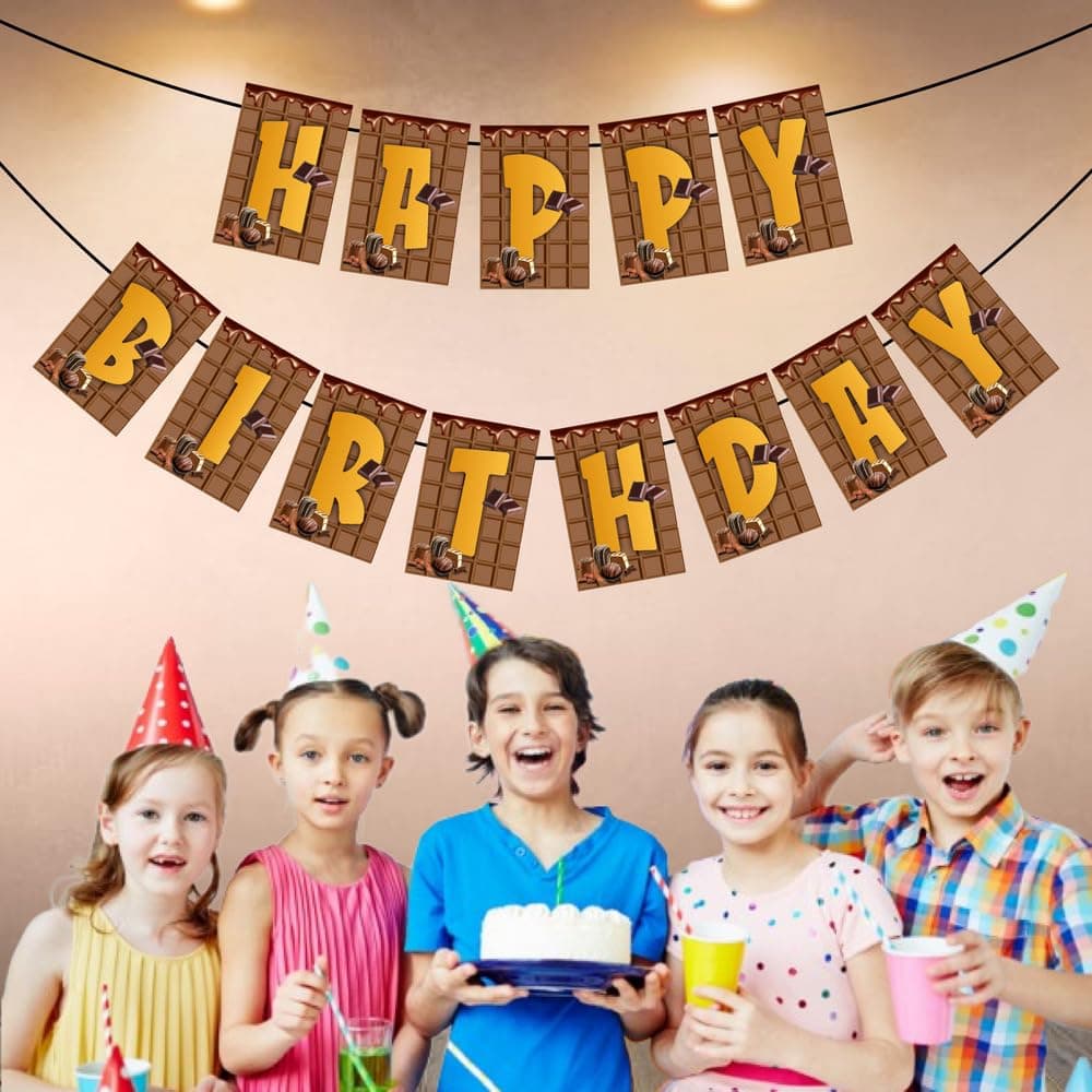 Balloonistics Chocolate Theme Happy Birthday Banner - Sweet Treats & Cocoa Cardstock Bunting for Kids and Adults - Candy Shop & Choco-Lover Party Supplies, Brown & Gold Backdrop thumbnail 3