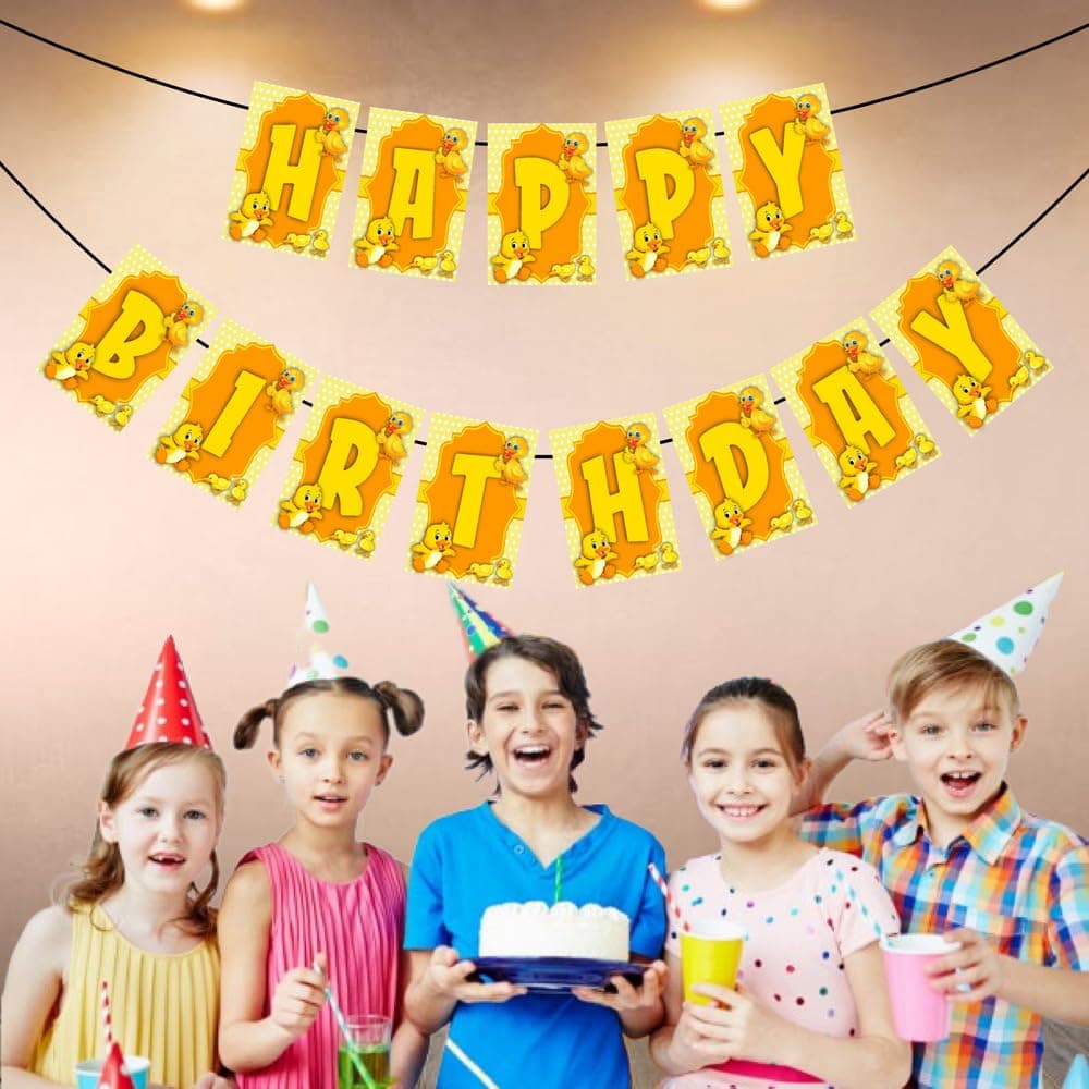 Balloonistics Duck Theme Happy Birthday Banner - "One Lucky Duck" Rubber Ducky Bunting - Premium Cardstock Yellow Ducky & Bubble Birthday Decoration with Ribbons, Whimsical Splish Splash Party Backdrop (Happy Birthday Banner) thumbnail 3