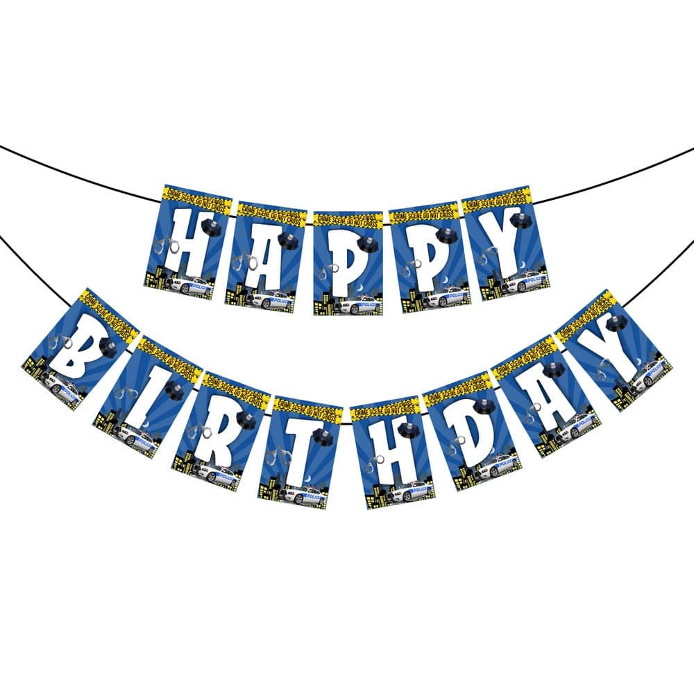 Balloonistics Police Happy Birthday Banner - Premium Cardstock Law Enforcement Party Bunting - Police Officer Theme Birthday Backdrop, Cop Car & Badge Indoor/Outdoor Hanging Sign with Ribbons (Happy Birthday Banner) thumbnail 2