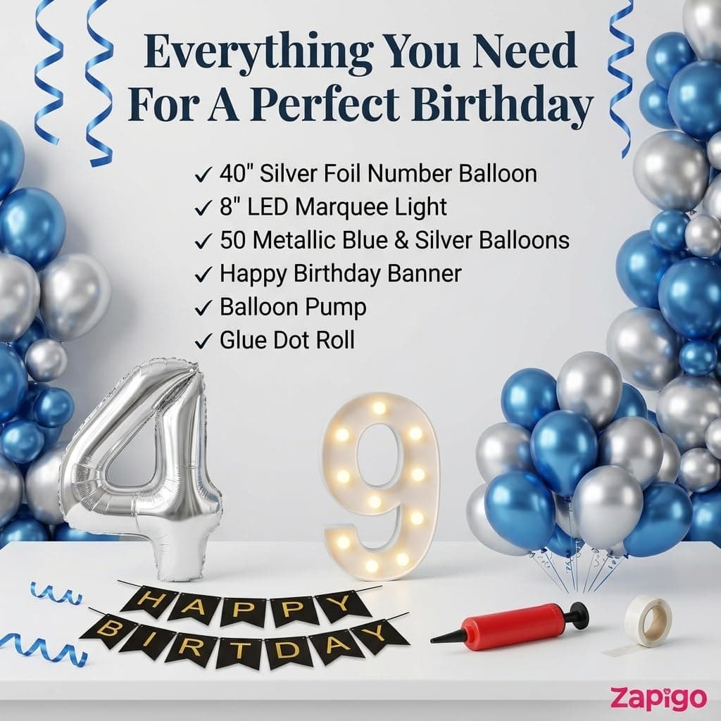 Balloonistics 6th Birthday Decoration Combo Kit - 40 Inch Silver Foil Number Balloon, LED Marquee Light, 50 Silver & Blue Balloons, Happy Birthday Banner, Balloon Pump & Glue Dots thumbnail 2