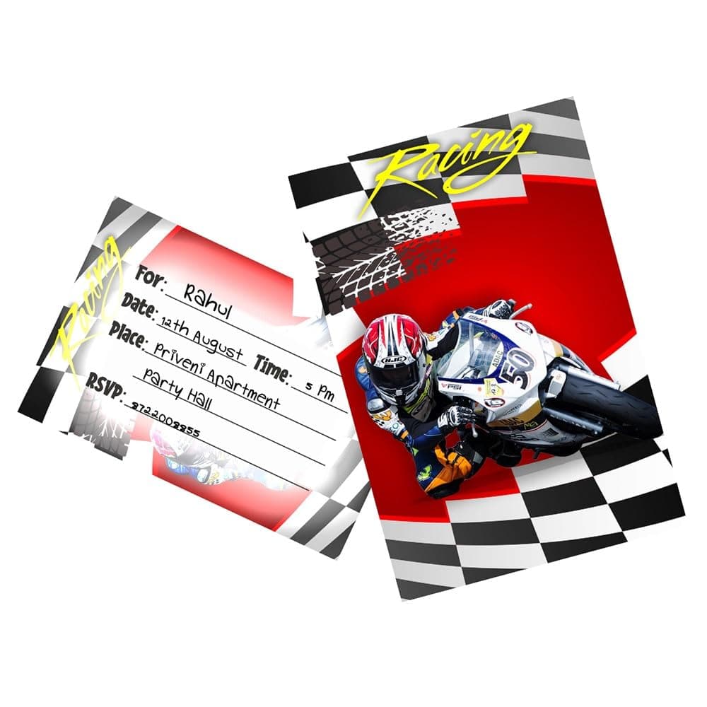 Balloonistics Sports Bike Theme Birthday Invitations - Pack of 10 Premium Matte Fill-In Cards - Racing & Superbike Party Invites - Double-Sided Cardstock Fast One & Two Fast Stationery (Invite Cards - Pack of 10)