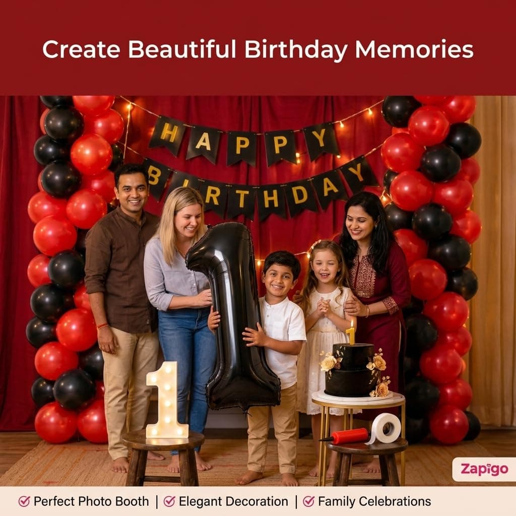 Balloonistics 50th Birthday Decoration Combo Kit - 40 Inch Black Foil Number Balloon, LED Marquee Light, 50 Black & Red Balloons, Happy Birthday Banner, Balloon Pump & Glue Dots thumbnail 7