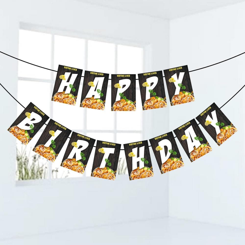 Balloonistics Biryani Theme Happy Birthday Banner Premium Cardstock Party Decorations Fun Desi Birthday Backdrop for Biryani Lovers Including Ribbon thumbnail 1