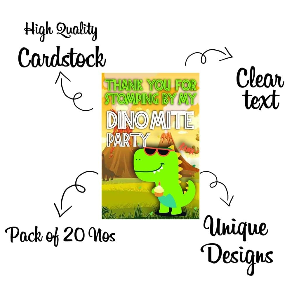Balloonistics Dinosaur Theme Thank You Cards Premium Cardstock Return Gift Notes for Kids Birthday Party with "Thank You" Message (Thank you Cards - Pack of 20) thumbnail 5