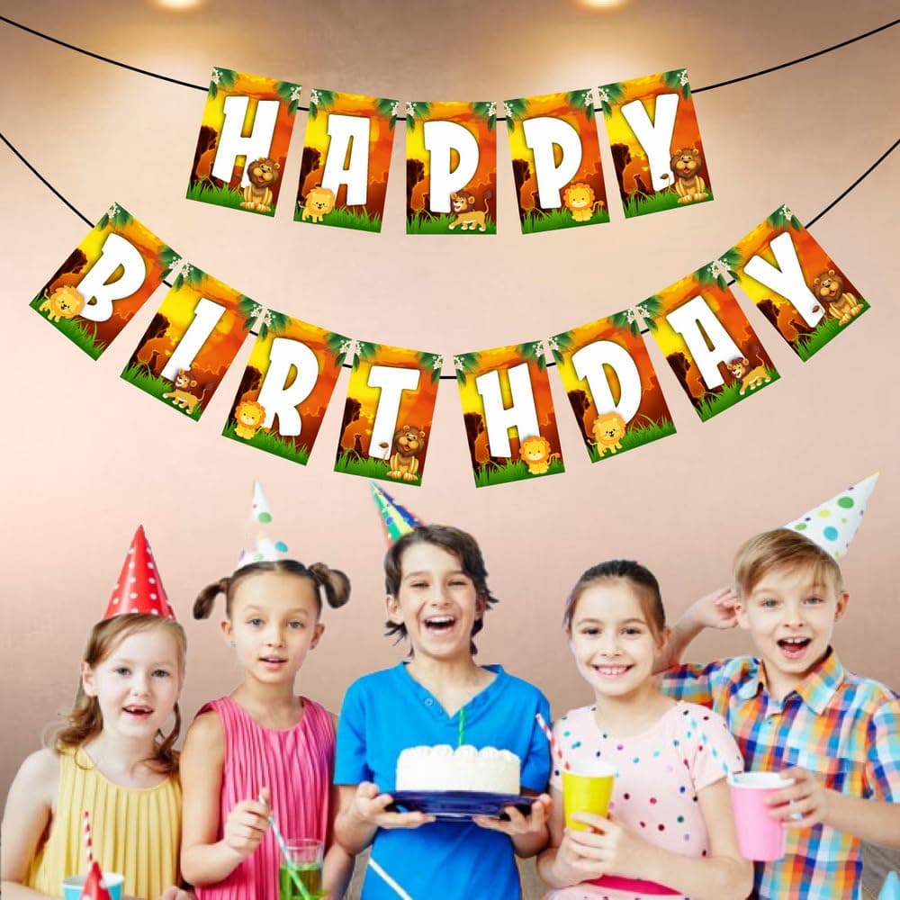 Balloonistics Lion Theme Happy Birthday Banner - Large Roaring Jungle Safari Birthday Decoration Backdrop - Premium Cardstock Bunting with Ribbon, King of the Jungle Party Supplies for Boys & Girls (Happy Birthday Banner) thumbnail 3