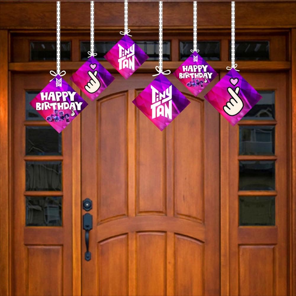 Balloonistics TinyTan Hanging Decorations - Pack of 12 Double-Sided Cardstock Holiday & Party Cutouts with Metallic Purple Swirls - BTS-Inspired Chibi Character Room Decor - RM, Jin, SUGA, j-hope, Jimin, V, & Jung Kook (Hangings - Pack of 12) thumbnail 3