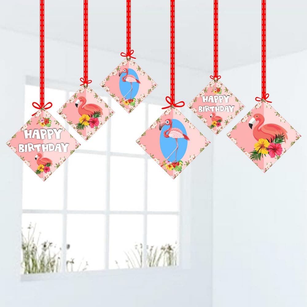 Balloonistics Flamingo Theme Hanging Decorations - Pack of 12 Tropical Luau Party Hangings - Premium Cardstock Pink Flamingo, Palm Leaf & Hibiscus Cutouts with Strings, Summer Birthday & Pool Party Decor (Hangings - Pack of 12) thumbnail 1