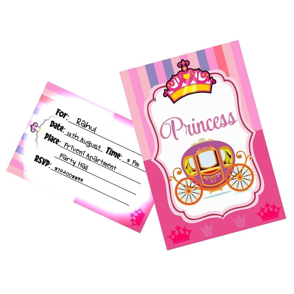 Balloonistics Princess Theme Invitation Cards Premium Double-Sided Cardstock Birthday Invites for Girls Elegant Party Supplies (Invite Cards - Pack of 10)