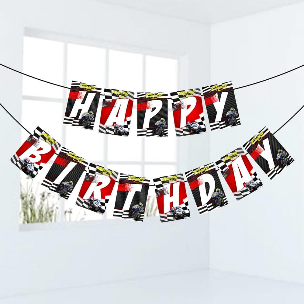 Balloonistics Sports Bike Happy Birthday Banner - Premium Cardstock Racing Bunting for Motorcycle Theme Party - Superbike Birthday Decoration Backdrop for Boys & Men - Multicolor Biker Decor with Ribbon ( Happpy Birthday Banner)