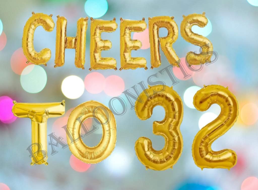 Balloonistics 'Cheers to 32' Gold Foil Balloon Combo – Number 32 Balloon for 32nd Birthday & Anniversary Decoration thumbnail 3