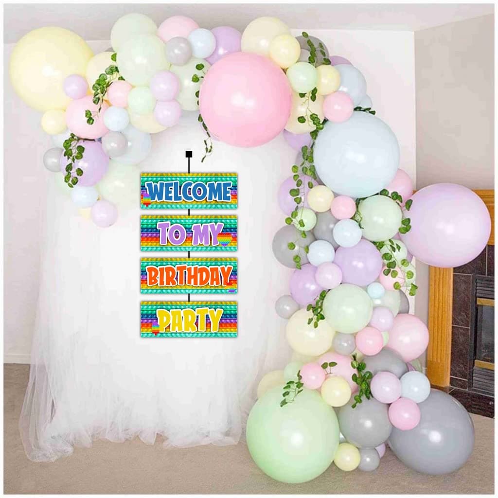 Balloonistics Pop It Theme Happy Birthday Welcome Board - Vibrant Cardstock Door Sign for Indoor & Outdoor Party Decor - 2.3 Feet Large Fidget Toy Theme Backdrop, Includes Hanging Ribbons (Welcome Outdoor Board) thumbnail 4