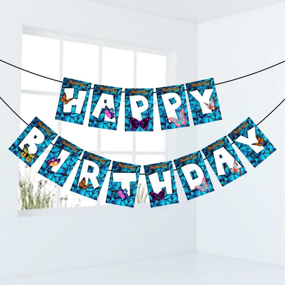 Balloonistics Butterfly Theme Happy Birthday Banner - Elegant 3D Effect Cardstock Bunting - Pink, Gold & Purple Enchanted Garden Party Decorations, Whimsical Butterfly Birthday Backdrop (Happy Birthday Banner) thumbnail 1