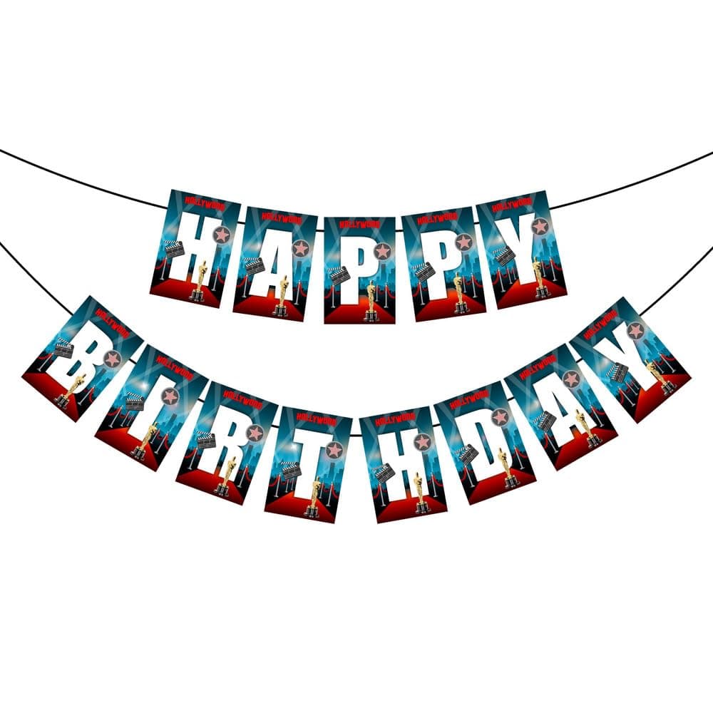 Balloonistics Hollywood Theme Happy Birthday Banner - Large Gold & Black Cardstock Bunting for Red Carpet VIP Parties - Movie Night, Awards Ceremony & Cinema Backdrop Decorations (Happy Birthday Banner) thumbnail 2