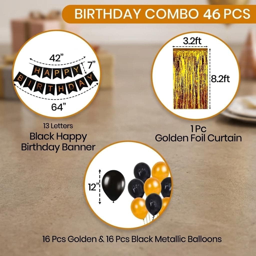 Balloonistics 46 Pcs Black & Gold Happy Birthday Decoration Kit – Metallic Balloons & Golden Foil Curtain for Birthday Theme Parties thumbnail 3