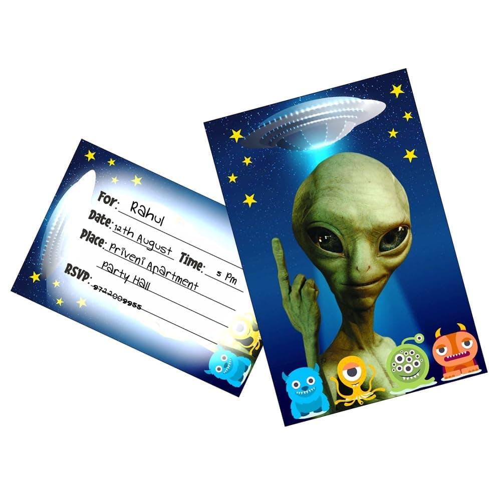 Balloonistics Aliens Theme Birthday Invitation Cards - Pack of 10 Out of This World Galaxy & Outer Space Invites with Envelopes - Double-Sided Cardstock Fill-in Invitations for Kids & Adults, UFO & Martian Party Supplies (Invite Cards - Pack of 10) thumbnail 1