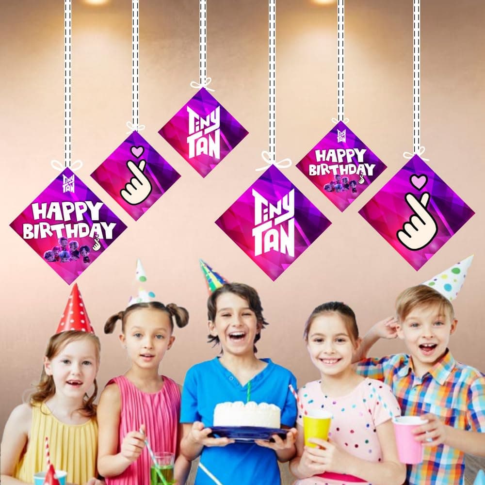 Balloonistics TinyTan Hanging Decorations - Pack of 12 Double-Sided Cardstock Holiday & Party Cutouts with Metallic Purple Swirls - BTS-Inspired Chibi Character Room Decor - RM, Jin, SUGA, j-hope, Jimin, V, & Jung Kook (Hangings - Pack of 12) thumbnail 4