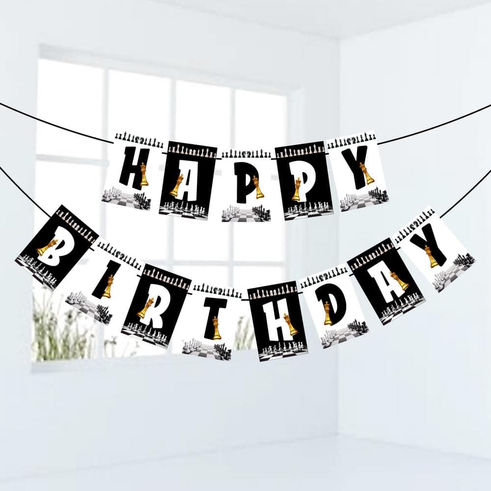 Balloonistics Chess Theme Happy Birthday Banner - Large Cardstock "Checkmate" Bunting with King, Queen & Knight Designs - Black and White Grandmaster Party Decorations thumbnail 1