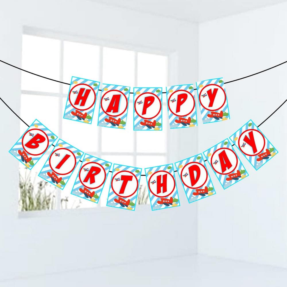 Aeroplane Theme Happy Birthday Banner Aviation Party Decorations - Multicolor Kids Birthday Backdrop Bunting with Hanging Ribbon - Pilot & Sky Adventure Party Supplies (Happy Birthday Banner)