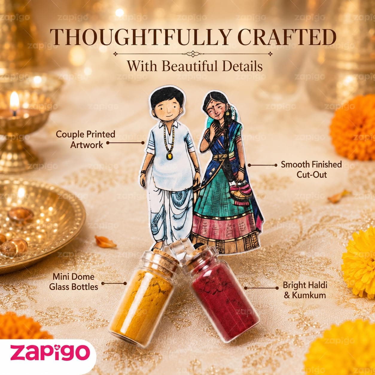 Habba Wedding Couple Haldi Kumkum Set for Guests, Printed Cut-Out with Mini Dome Glass Bottles of Haldi & Kumkum, Traditional Wedding Pooja Return Gift (Kalyanam, Vivah, Lagna), Pack of 5 thumbnail 5