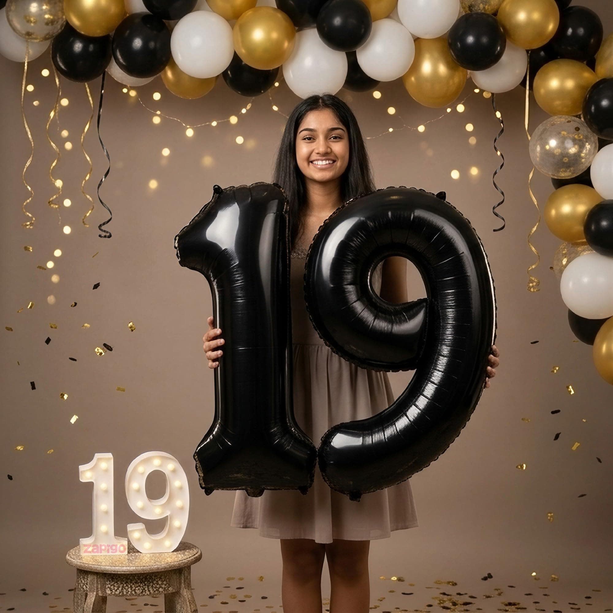 Balloonistics Black 40-Inch Foil Number 19 Balloon with Matching LED Marquee Light - Combo Set for 19th Birthday, Anniversary, Party Decoration, Photo Booth Backdrop thumbnail 1