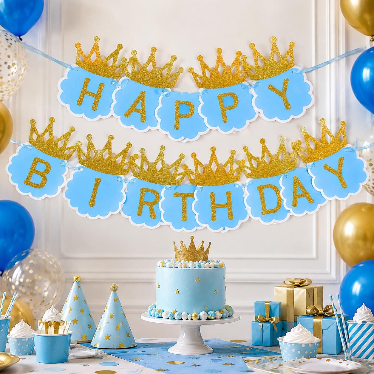 Balloonistics Happy Birthday Cardboard Banner with Glitter Crown – Blue & Gold Party Decoration Bundle for Boys Birthday Celebration & Photo Backdrop thumbnail 1