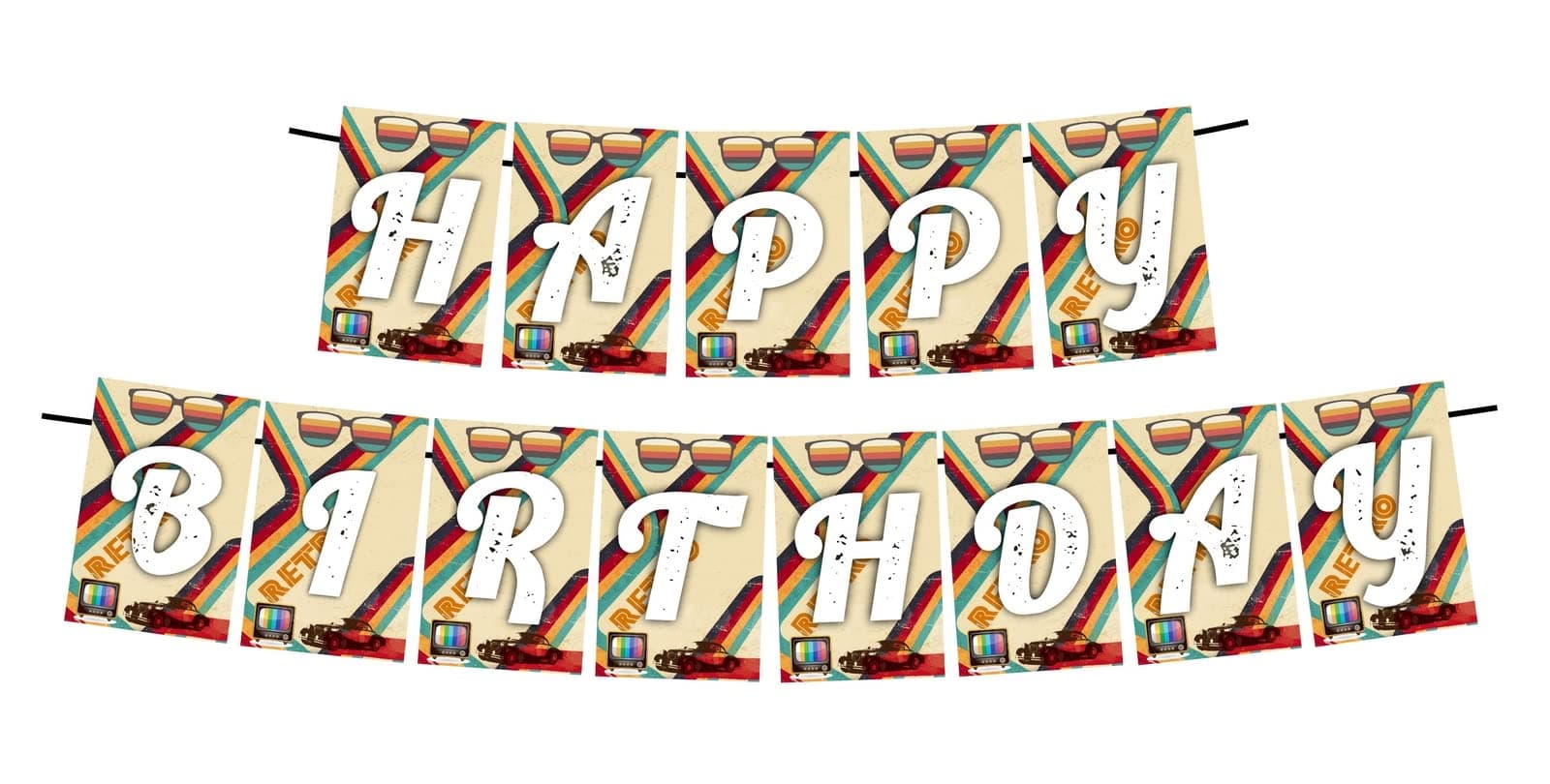 Balloonistics Retro 80s & 90s Theme Happy Birthday Banner - Neon & Pastel Cardstock Bunting for Old School Vibes - Cassette Tape, Disco & Arcade Party Decorations, Throwback Backdrop thumbnail 1