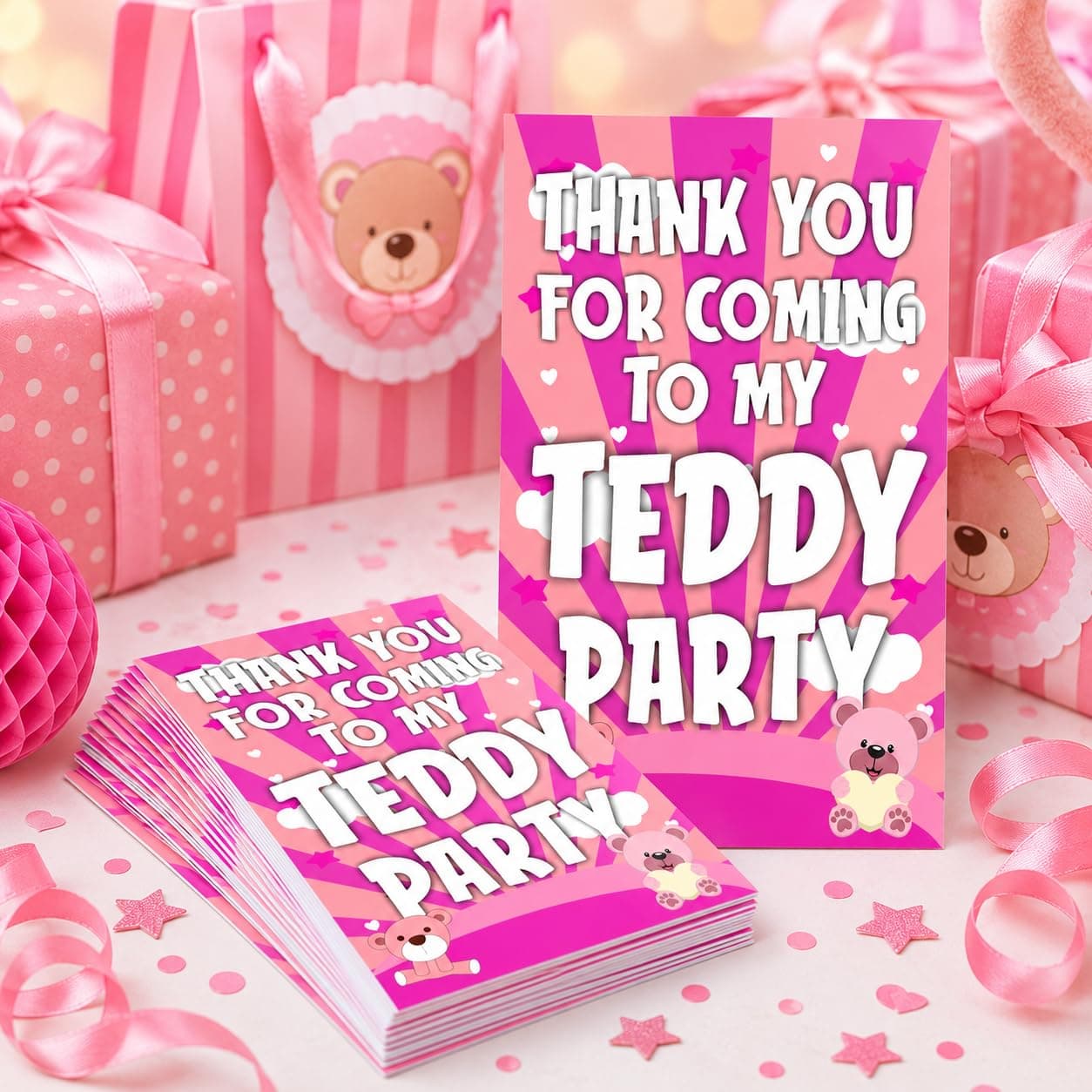 Balloonistics Pink Teddy Bear Thank You Cards - Pack of 20 Premium Cardstock Notes - Sweet Bear Theme Girl's Baby Shower & Birthday Party Supplies, Soft Pink Floral Bear Appreciation Cards with Envelopes (Thank you Cards - Pack of 20)