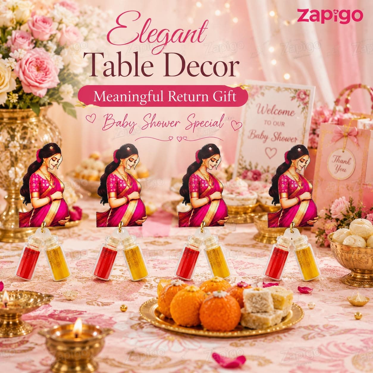 Habba Baby Shower Haldi Kumkum Set for Guests, Printed Cut-Out with Mini Dome Glass Bottles of Haldi & Kumkum, Traditional Seemantham, Godh Bharai, Valaikappu Return Gift, Pack of 5 thumbnail 8