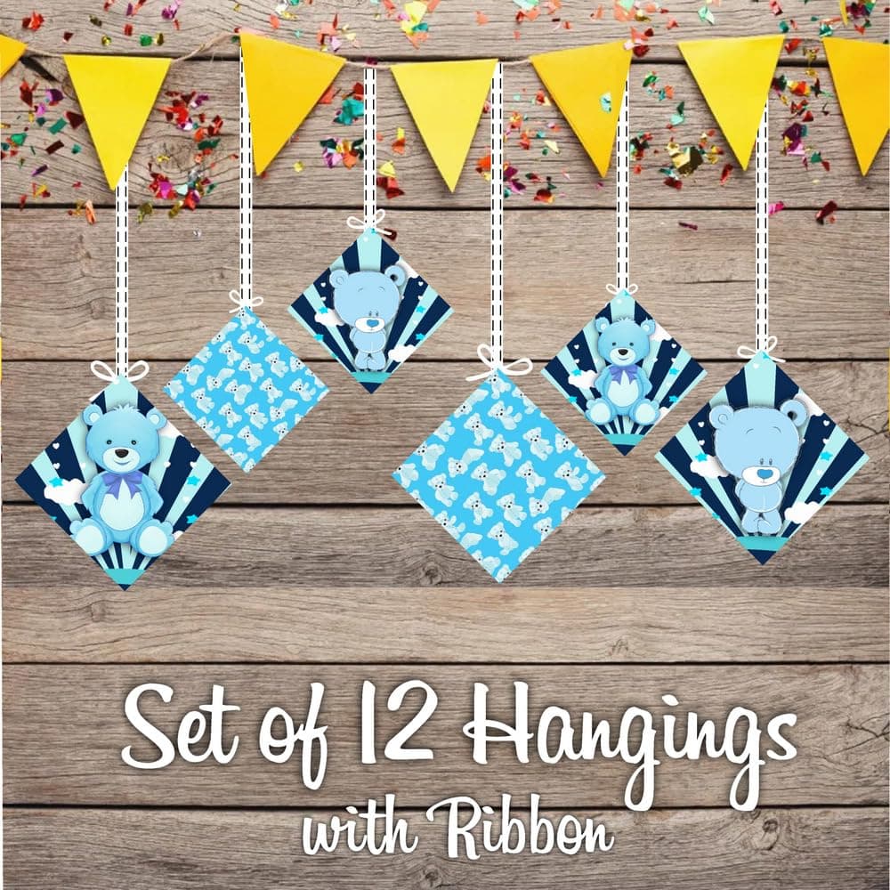 Balloonistics Blue Teddy Bear Birthday Hanging Decorations - Pack of 12 Double-Sided Cardstock Swirls & Cutouts - Premium Cuddly Bear Theme Party Decor with Ribbons - Perfect for Boys’ Birthdays & Room Decor (Hangings - Pack of 12) thumbnail 2