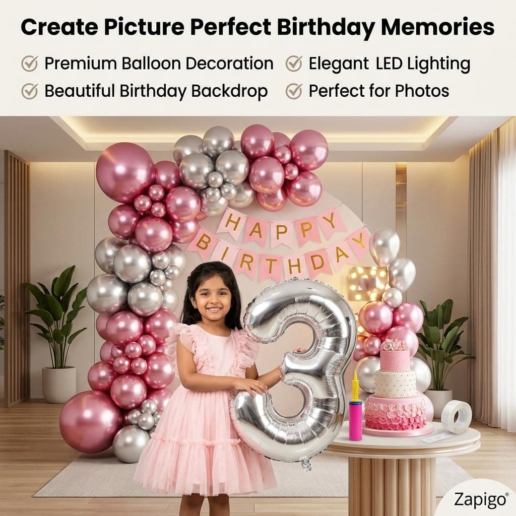 Balloonistics 50th Birthday Decoration Combo Kit - 40 Inch Silver Foil Number Balloon, LED Marquee Light, 50 Silver & Pink Balloons, Happy Birthday Banner, Balloon Pump & Glue Dots thumbnail 7