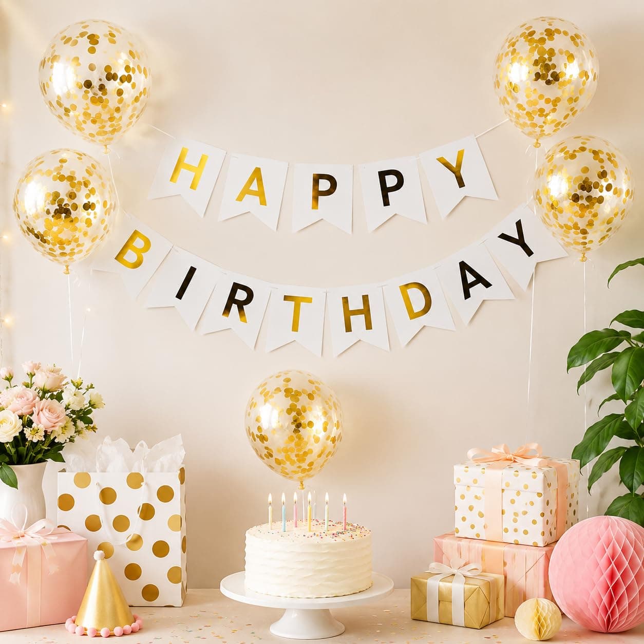 Balloonistics Gold Confetti Balloons with White Happy Birthday Banner Combo – Pre-Filled Confetti Latex Balloons & Birthday Banner Party Decoration Set thumbnail 1