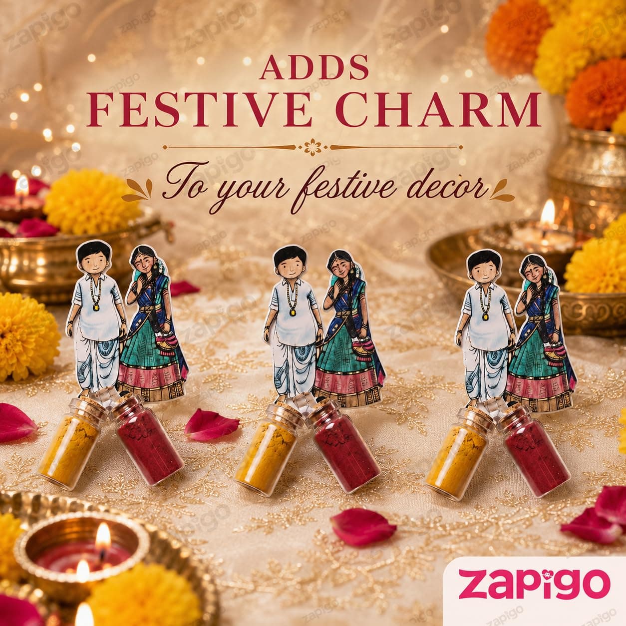 Habba Wedding Couple Haldi Kumkum Set for Guests, Printed Cut-Out with Mini Dome Glass Bottles of Haldi & Kumkum, Traditional Wedding Pooja Return Gift (Kalyanam, Vivah, Lagna), Pack of 5 thumbnail 2
