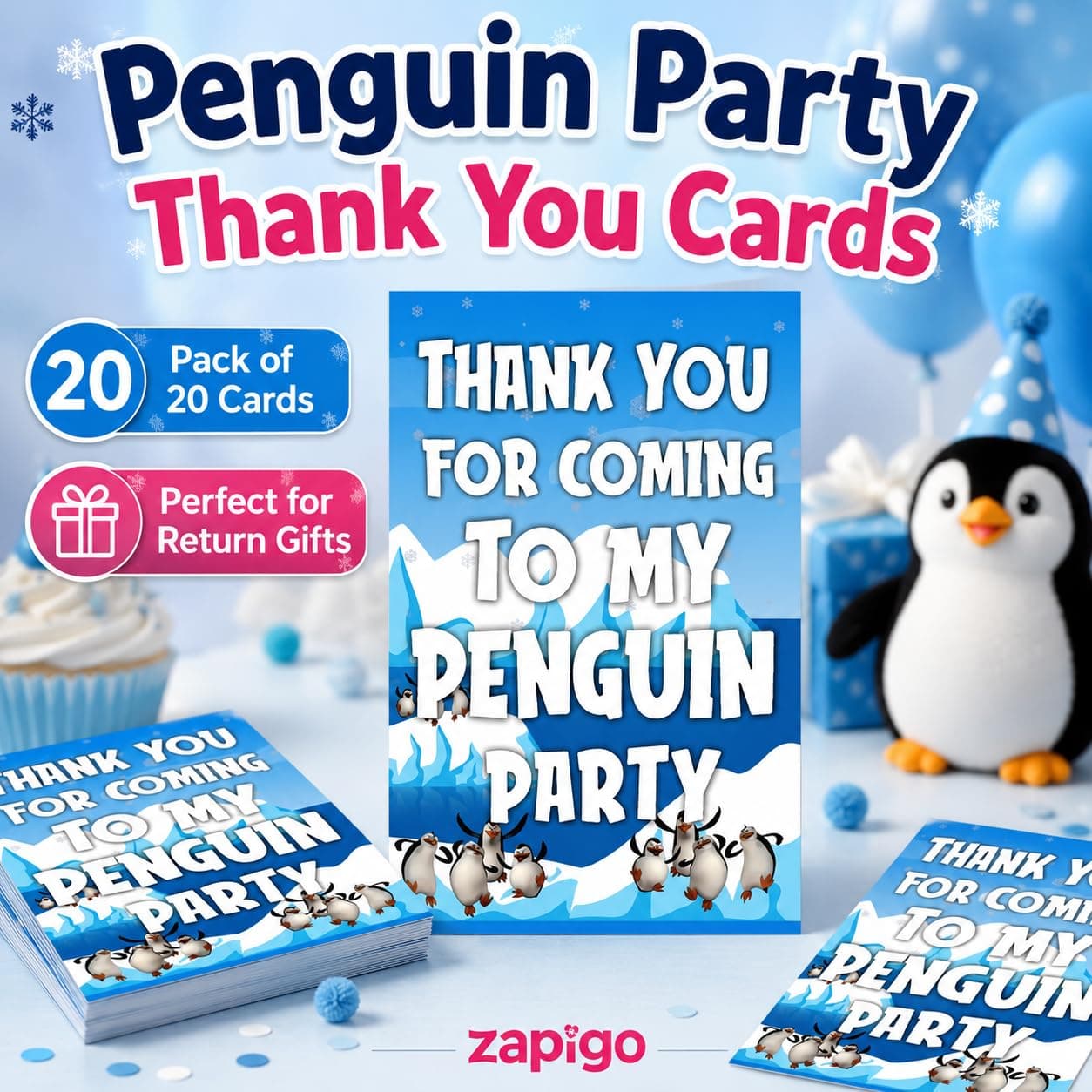 Balloonistics Penguin Happy Birthday Thank You Cards - Pack of 20 Premium Cardstock Notes - Cute Winter Theme Party Supplies, "Thanks for Sliding By" Kids Appreciation Cards with Envelopes (Thank you Cards - Pack of 20) thumbnail 2