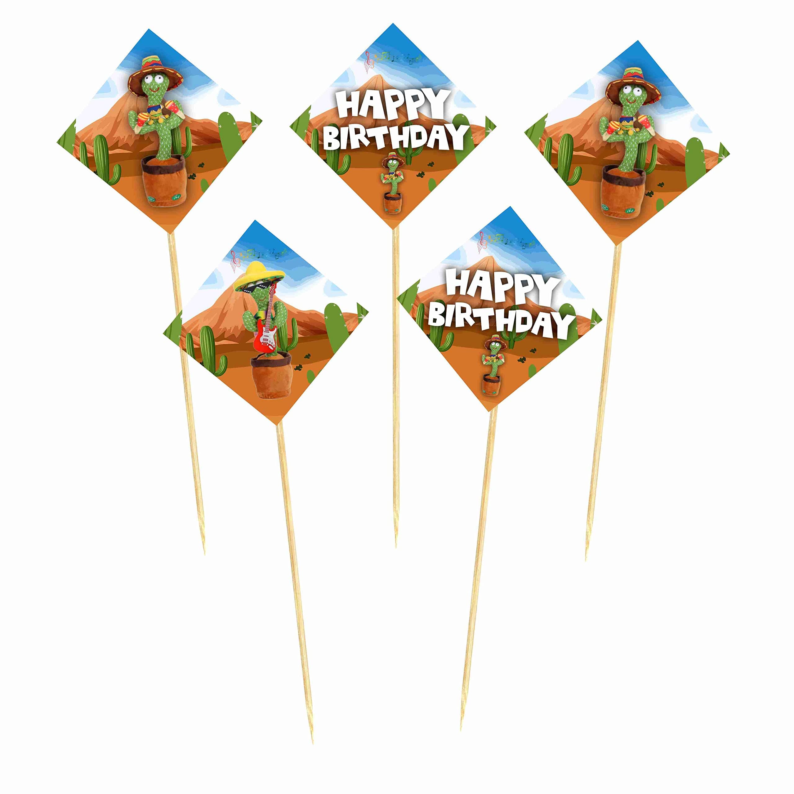 Balloonistics Talking Cactus Happy Birthday Cake Toppers - Pack of 10 Large Double-Sided Cardstock Cake Picks - Dancing Cactus Theme Party Decorations, High-Gloss Dessert Toppers thumbnail 2