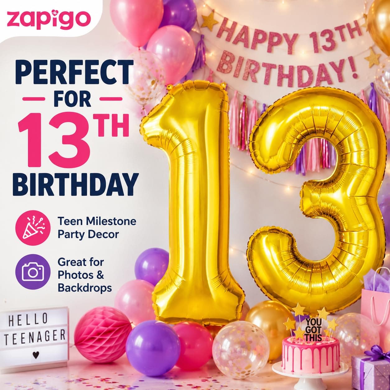 Balloonistics Number 13 Gold Foil Balloon – 17-Inch Metallic '13' Balloon Pack of 2 for 13th Birthday & Teenage Debut Party Decoration thumbnail 4