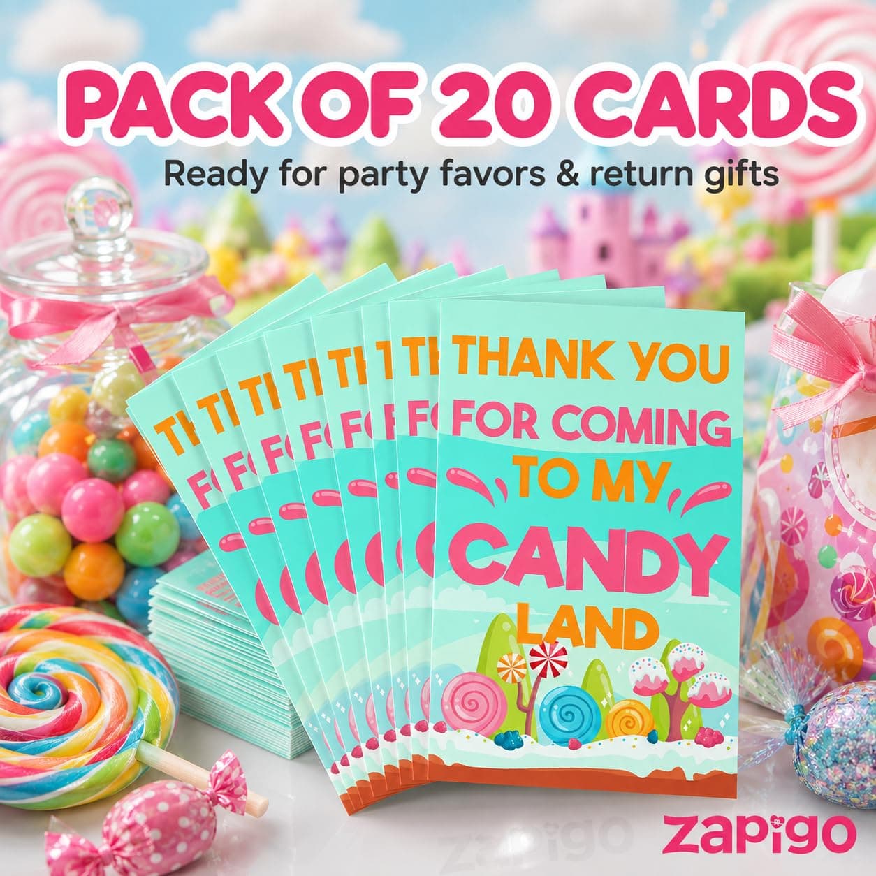 Balloonistics Candy Theme Birthday Thank You Cards - Pack of 20 Vibrant "Sweet Shop" Note Cards with Envelopes - Double-Sided Cardstock Fill-in Appreciation Cards, Candyland Party Favors (Thank you Cards - Pack of 20) thumbnail 6
