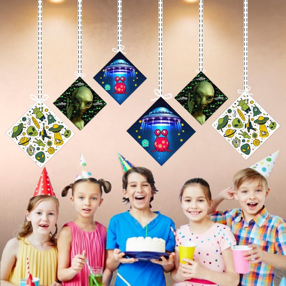 Balloonistics Alien Theme Birthday Hanging Decorations - Pack of 12 Double-Sided Cardstock Swirls & Cutouts - Out of This World Galaxy & Outer Space Party Decor, UFO & Martian Ceiling Hangings (Hangings - Pack of 12) thumbnail 4