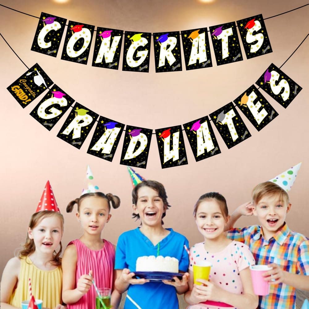 Balloonistics Congrats Graduate Banner – Black & Gold Graduation Bunting – Premium Cardstock Party Decoration for High School, College & University Graduation Celebrations thumbnail 3