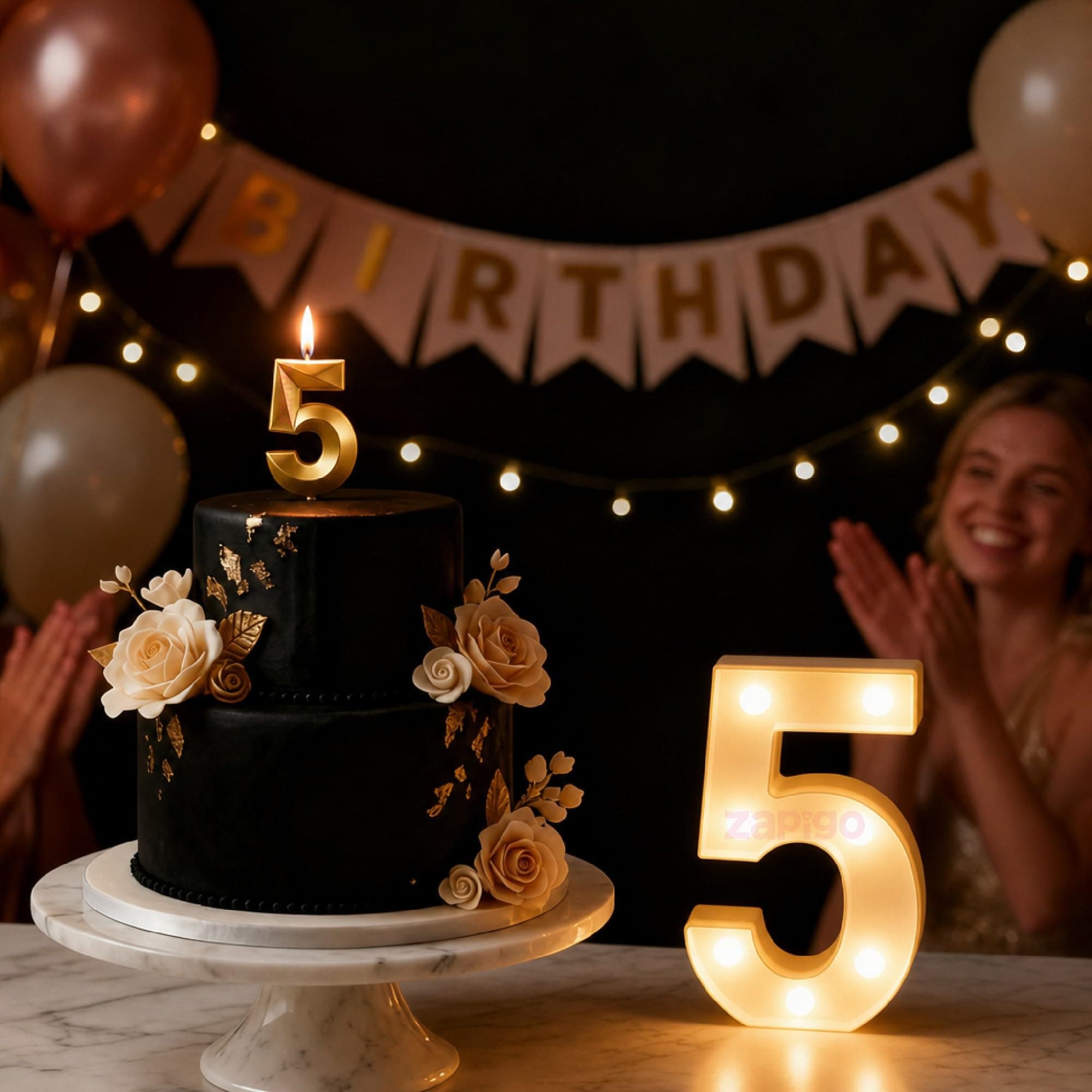 Balloonistics Number 5 LED Marquee Light & Gold Number 5 Birthday Candle Combo - 9-Inch Warm White Marquee Sign + Metallic Gold Cake Candle for 5th Birthday, Anniversary & Milestone Party Decoration
