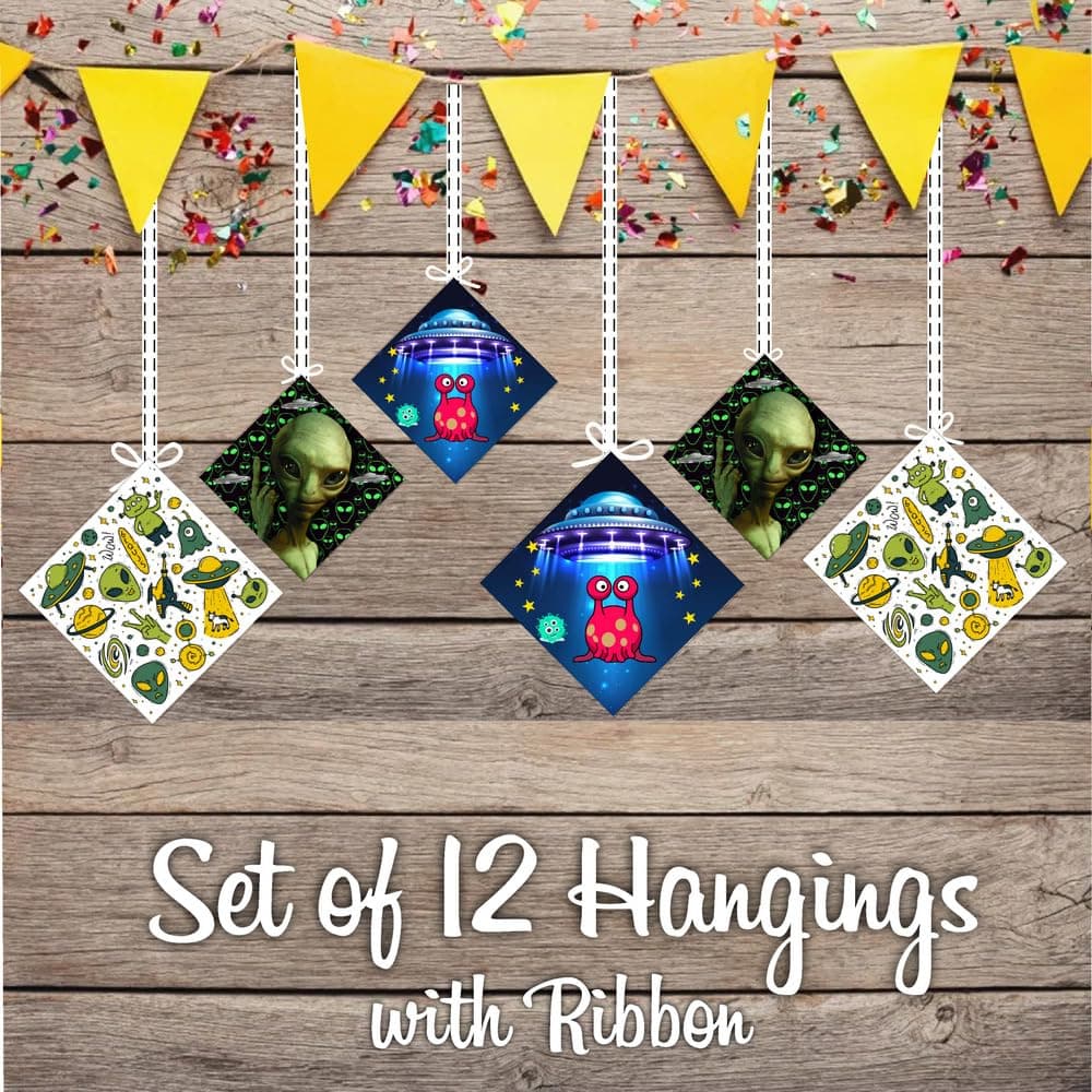 Balloonistics Alien Theme Birthday Hanging Decorations - Pack of 12 Double-Sided Cardstock Swirls & Cutouts - Out of This World Galaxy & Outer Space Party Decor, UFO & Martian Ceiling Hangings (Hangings - Pack of 12) thumbnail 2