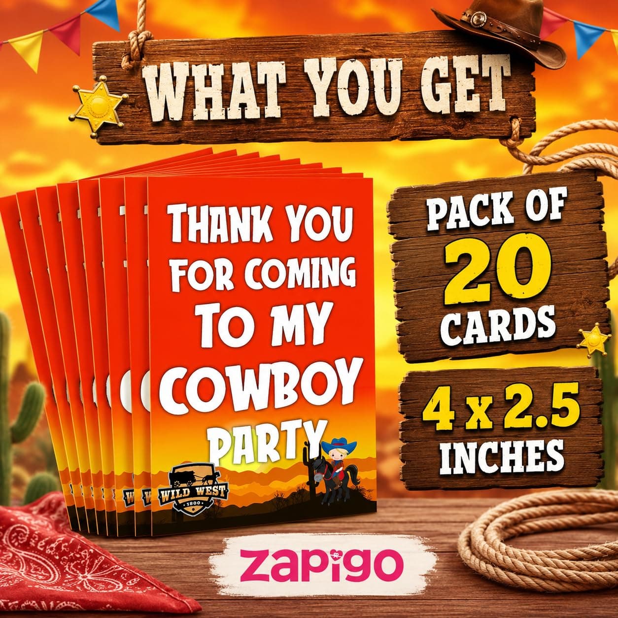 Balloonistics Cowboy Theme Thank You Cards - Pack of 20 Wild West Birthday Note Cards - Premium Cardstock Double-Sided "Thanks for Roping by" Stationery, Rustic Sheriff Badge & Boot Gratitude Cards (Thank you Cards - Pack of 20) thumbnail 2