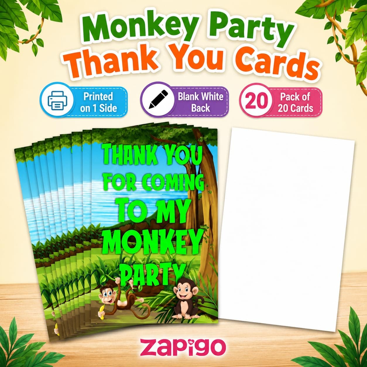 Balloonistics Monkey Theme Thank You Cards for Kids Birthday - Pack of 20 Jungle Safari Return Gift Notes - Premium Cardstock Stationery, Cute Animal Party Supplies for Boys and Girls (Thank you Cards - Pack of 20) thumbnail 5