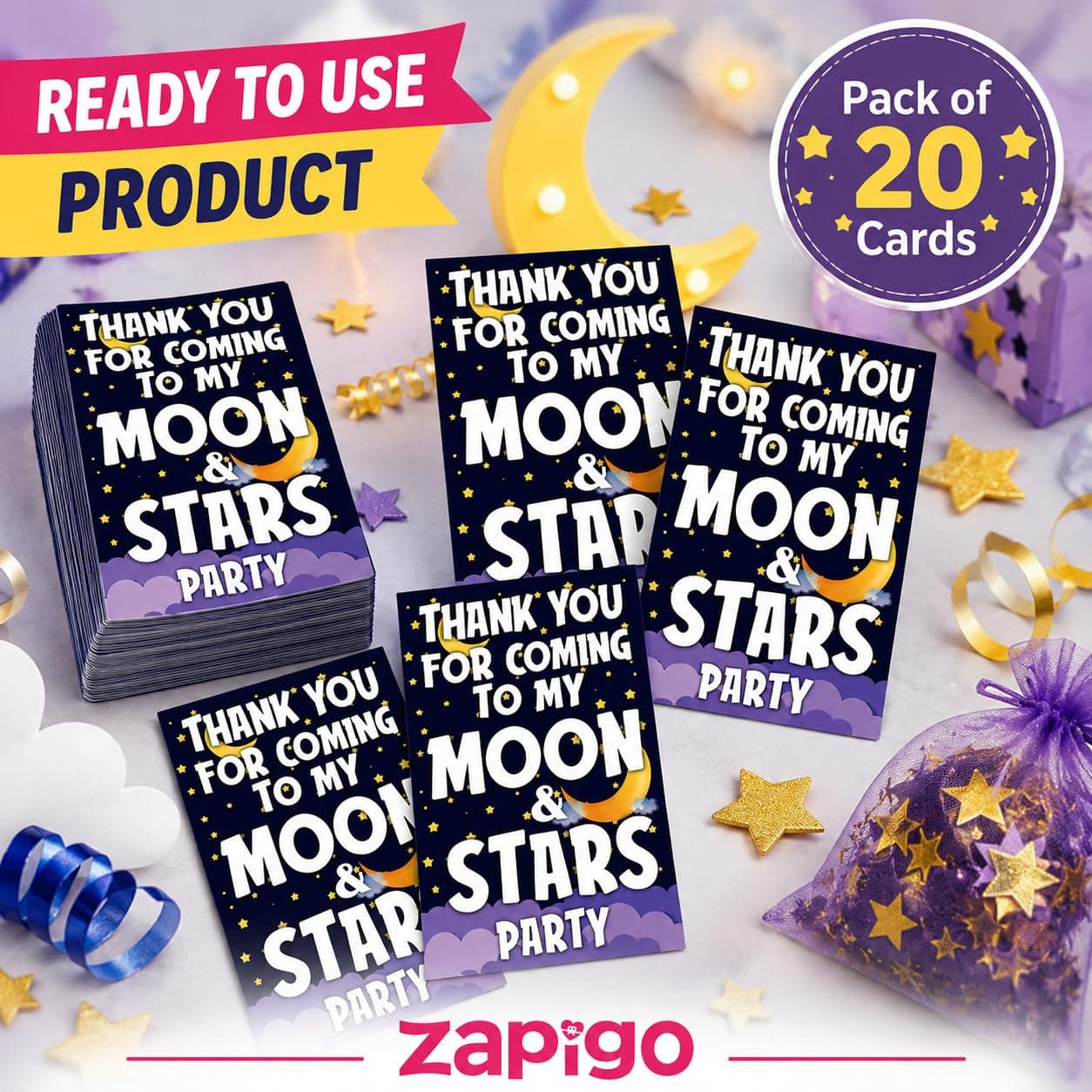Balloonistics Moon and Stars Theme Birthday Thank You Cards - Pack of 20 Premium Cardstock Notes for Return Gifts - "Twinkle Twinkle Little Star" & Celestial Party Supplies, Double-Sided Favors Appreciation Tags (Thank you Cards - Pack of 20) thumbnail 5