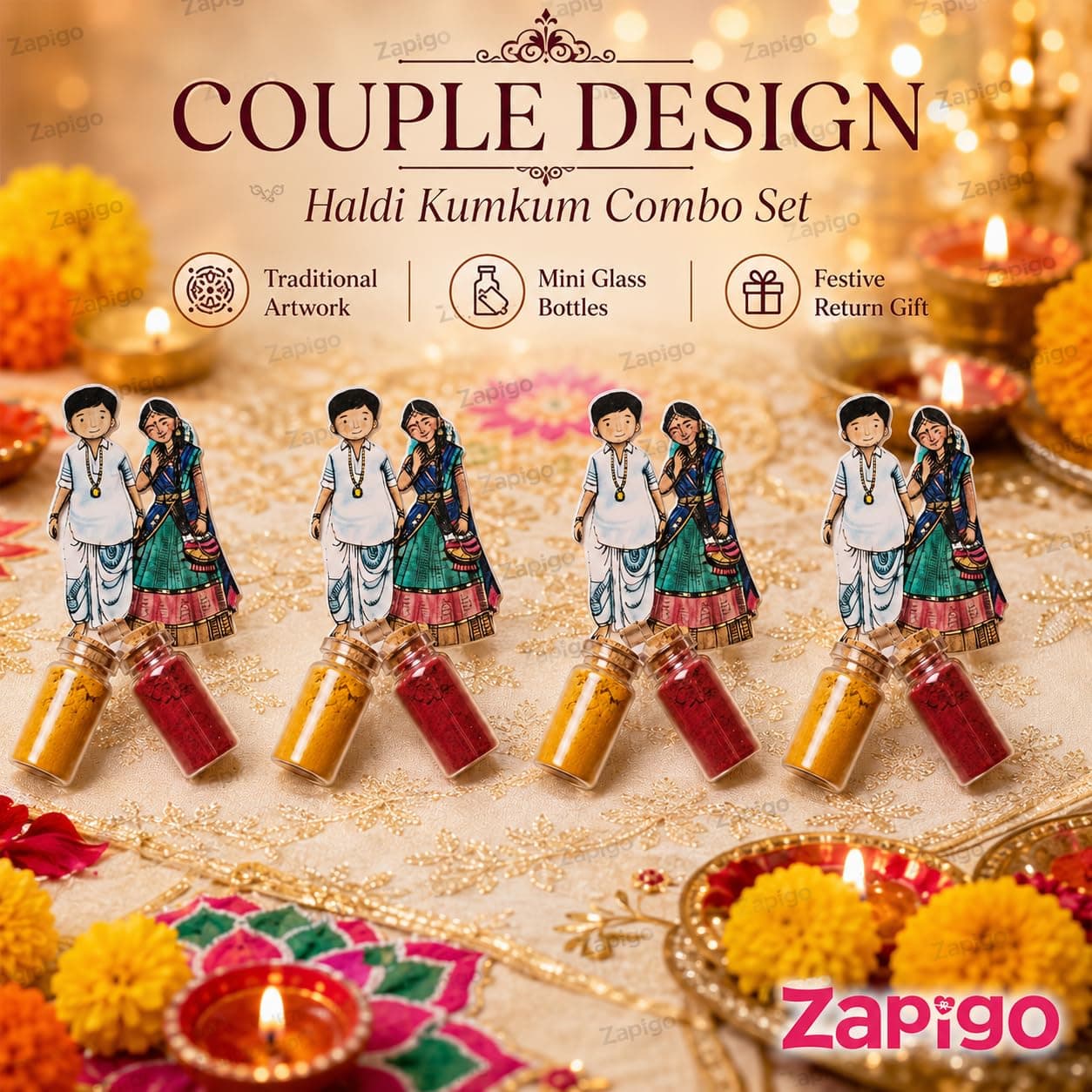 Habba Wedding Couple Haldi Kumkum Set for Guests, Printed Cut-Out with Mini Dome Glass Bottles of Haldi & Kumkum, Traditional Wedding Pooja Return Gift (Kalyanam, Vivah, Lagna), Pack of 5 thumbnail 7