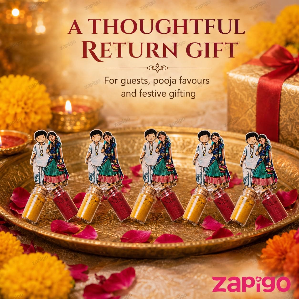Habba Wedding Couple Haldi Kumkum Set for Guests, Printed Cut-Out with Mini Dome Glass Bottles of Haldi & Kumkum, Traditional Wedding Pooja Return Gift (Kalyanam, Vivah, Lagna), Pack of 5 thumbnail 4