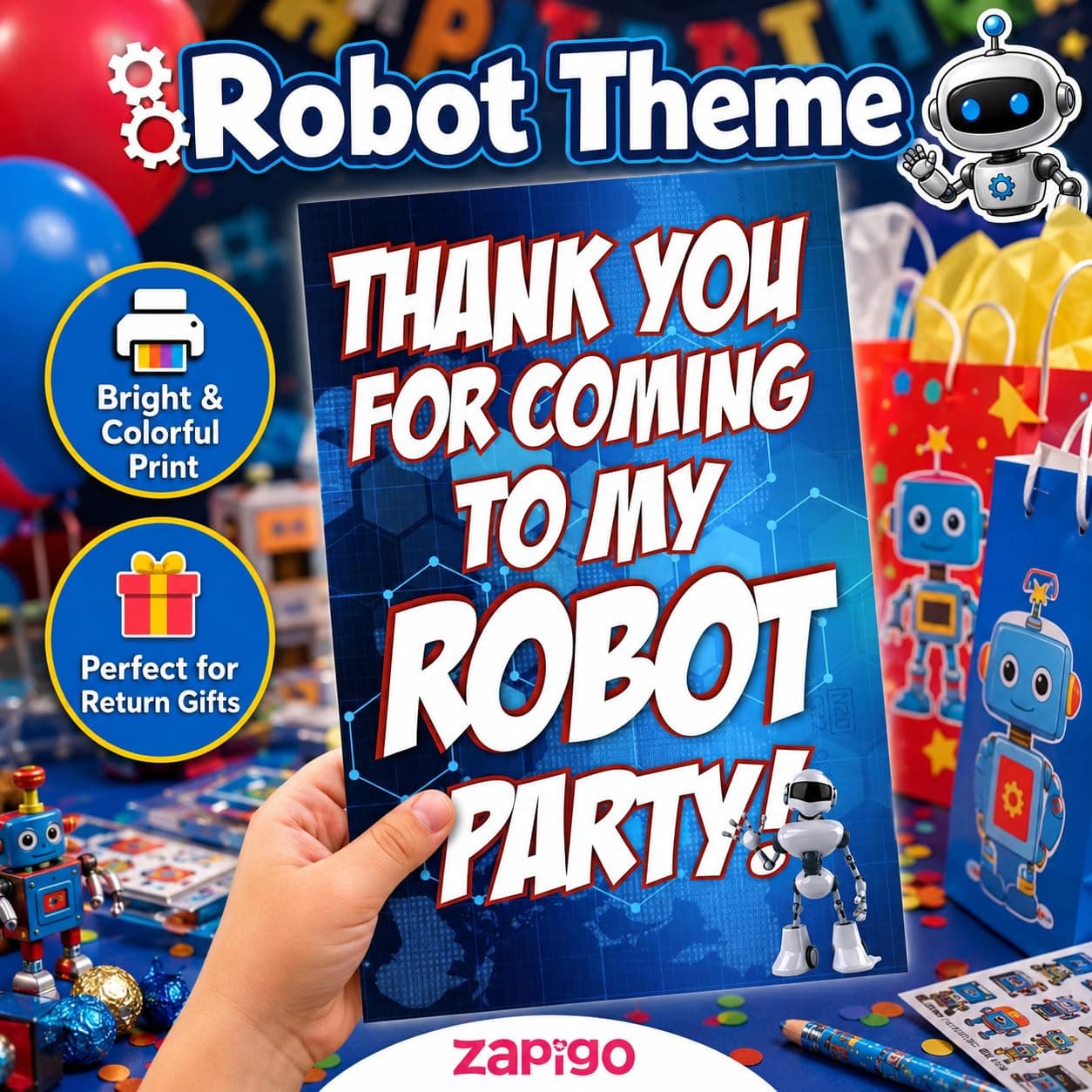 Balloonistics Robot Theme Thank You Cards - Pack of 20 Double-Sided Cardstock Note Cards - Futuristic Sci-Fi Party Stationery for Kids, Boys & STEM Birthdays - Gear-Shaped Appreciation Cards with Fill-in Details (Thank you Cards - Pack of 20) thumbnail 2