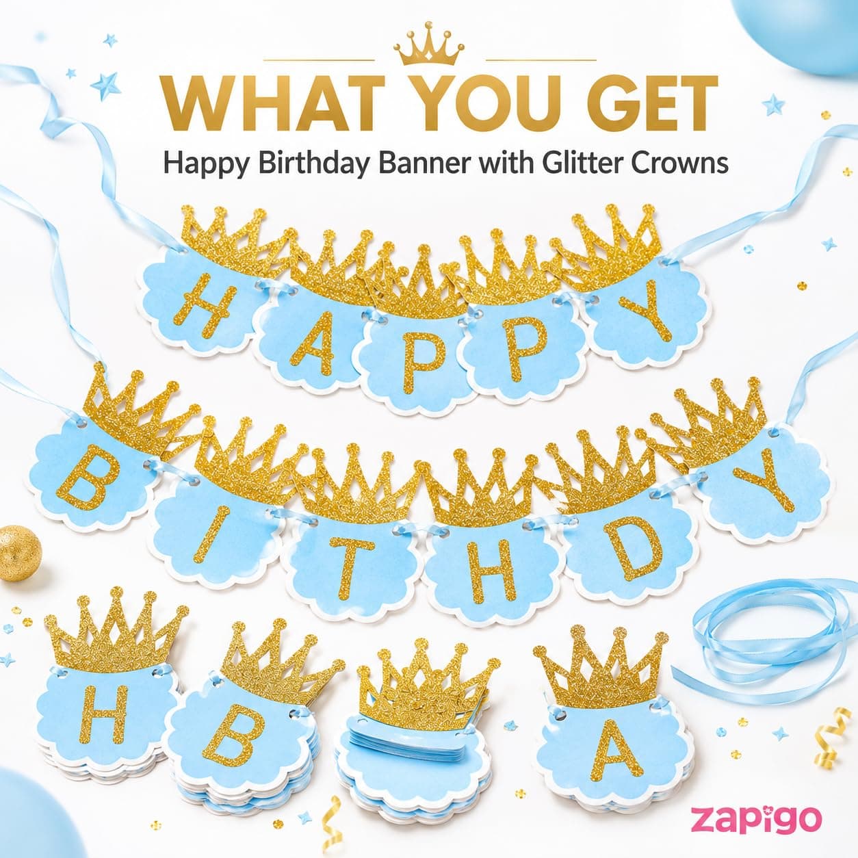 Balloonistics Happy Birthday Cardboard Banner with Glitter Crown – Blue & Gold Party Decoration Bundle for Boys Birthday Celebration & Photo Backdrop thumbnail 2