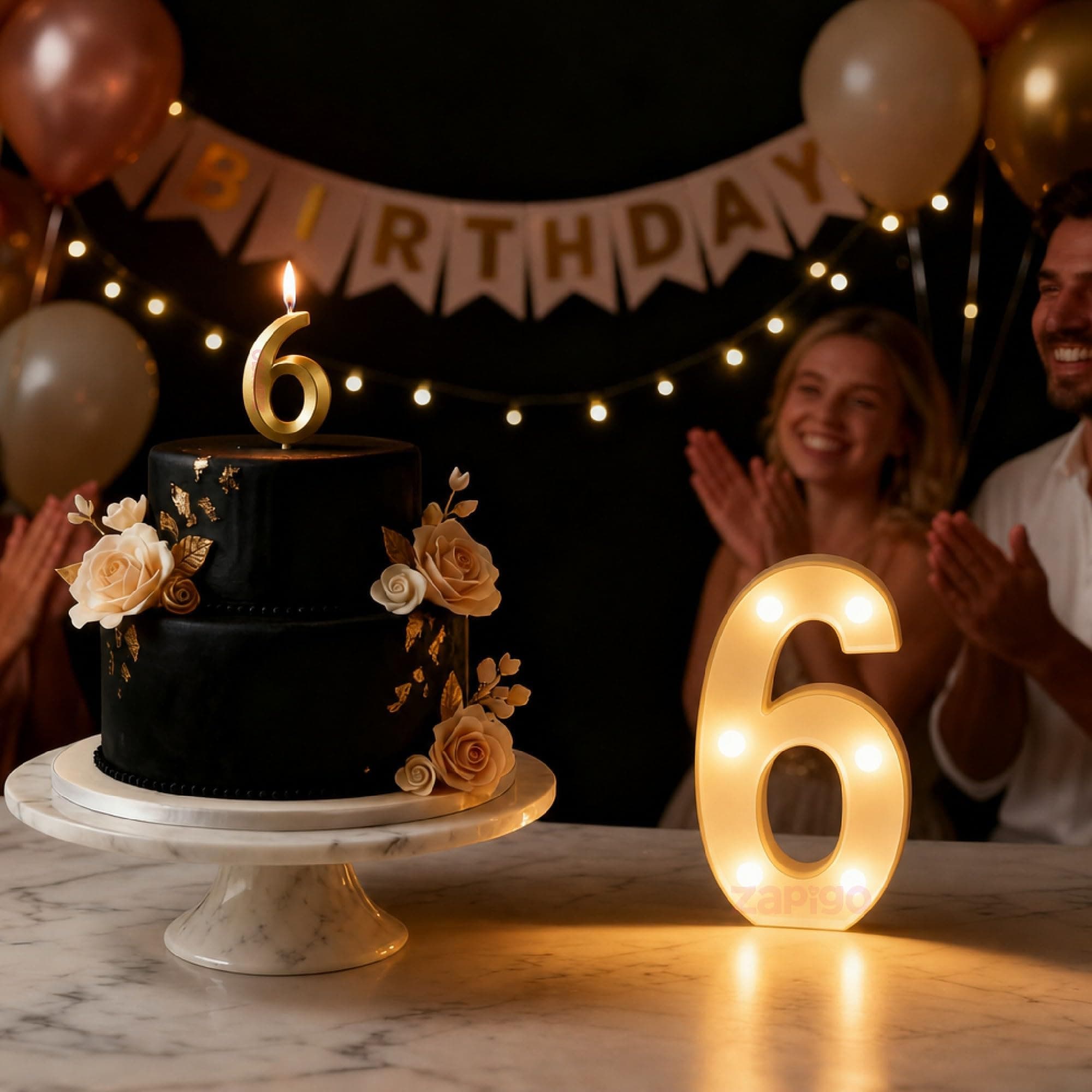 Balloonistics Number 6 LED Marquee Light & Gold Number 6 Birthday Candle Combo - 9-Inch Warm White Marquee Sign + Metallic Gold Cake Candle for 6th Birthday, Anniversary & Milestone Party Decoration