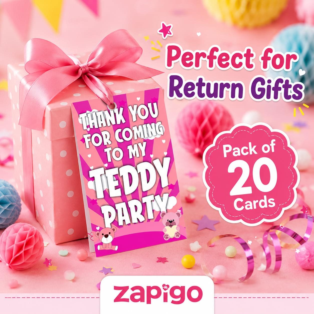 Balloonistics Pink Teddy Bear Thank You Cards - Pack of 20 Premium Cardstock Notes - Sweet Bear Theme Girl's Baby Shower & Birthday Party Supplies, Soft Pink Floral Bear Appreciation Cards with Envelopes (Thank you Cards - Pack of 20) thumbnail 2