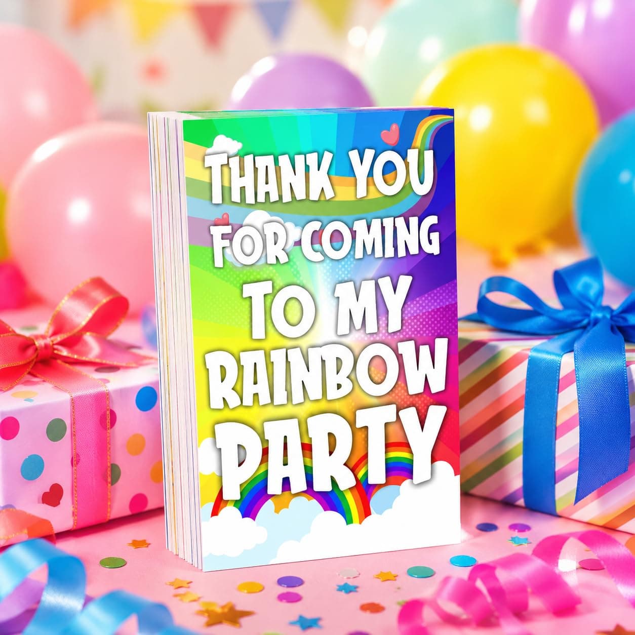 Balloonistics Rainbow Theme Thank You Cards for Return Gifts - Pack of 20 Vibrant Cardstock Tags - Colorful "Thank You for Making My Birthday Brighter" Note Cards for Kids Party Favors & Goody Bags (Thank you Cards - Pack of 20)